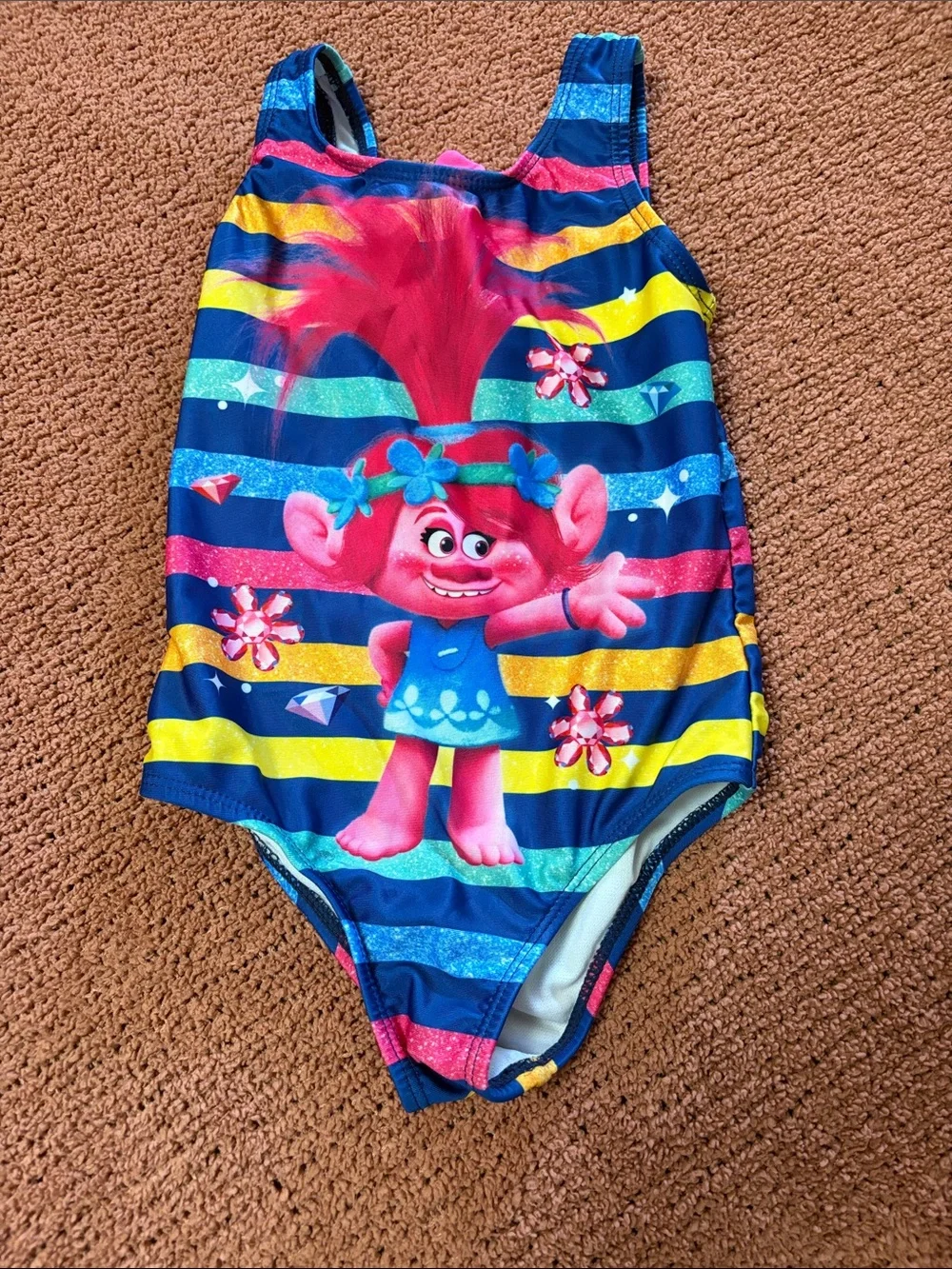 Trolls Bright Pink Character One-Piece Swim - Blue & Yellow Stripes